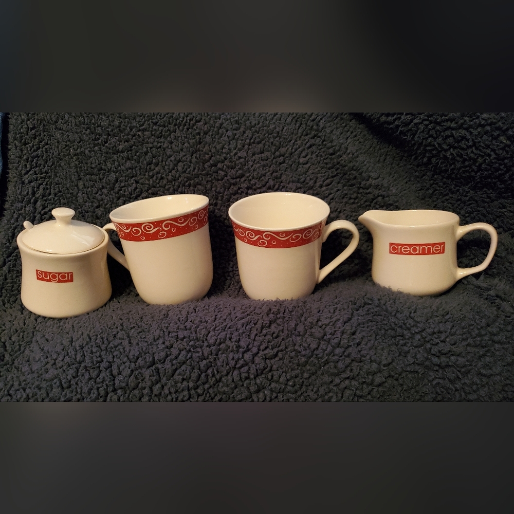 Vtg Just For You 6 pc set, Creamer Pitcher & Sugar Bowl w/Lid & Spoon & …